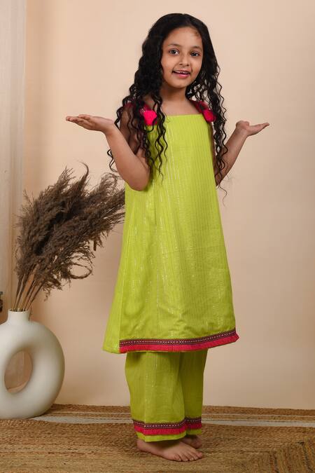 The Cotton Staple Green Cotton Lace, Pom-poms Sawani Kurta And Palazzo Set Online at Aza Fashions The Cotton Staple_Green Cotton Lace, Pom-poms Sawani Kurta And Palazzo Set _Online_at_Aza_Fashions