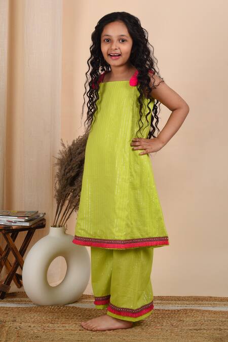 Buy The Cotton Staple Green Cotton Lace, Pom-poms Sawani Kurta And Palazzo Set Online at Aza Fashions Buy_The Cotton Staple_Green Cotton Lace, Pom-poms Sawani Kurta And Palazzo Set _Online_at_Aza_Fashions