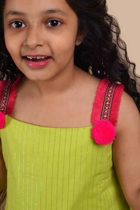 The Cotton Staple Green Cotton Lace, Pom-poms Sawani Kurta And Palazzo Set at Aza Fashions The Cotton Staple_Green Cotton Lace, Pom-poms Sawani Kurta And Palazzo Set _at_Aza_Fashions