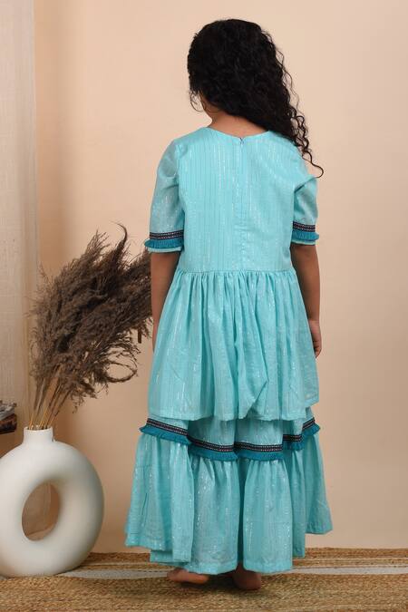 Shop_The Cotton Staple_Blue Cotton, Lurex Lace, Gota Patti Noor Kurta Sharara Set _at_Aza_Fashions
