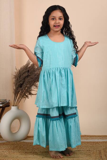 Buy_The Cotton Staple_Blue Cotton, Lurex Lace, Gota Patti Noor Kurta Sharara Set _Online_at_Aza_Fashions