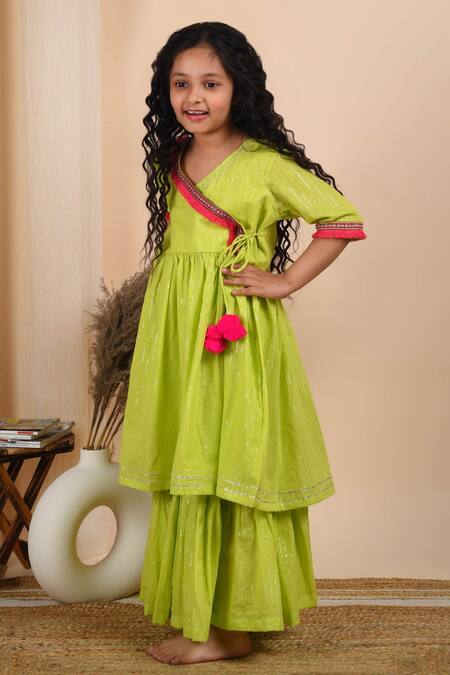 The Cotton Staple_Green , Lurex, Linen, Satin Lace, Gota Rooh Angarkha And Sharara Set _Online_at_Aza_Fashions