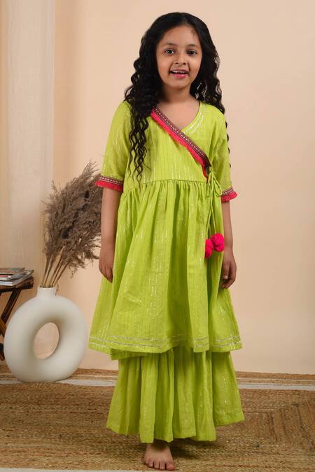 Buy_The Cotton Staple_Green , Lurex, Linen, Satin Lace, Gota Rooh Angarkha And Sharara Set _Online_at_Aza_Fashions