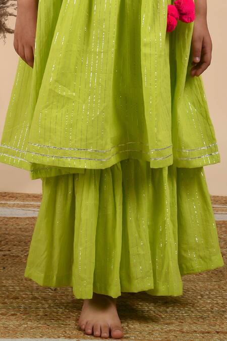 Shop_The Cotton Staple_Green , Lurex, Linen, Satin Lace, Gota Rooh Angarkha And Sharara Set _Online_at_Aza_Fashions