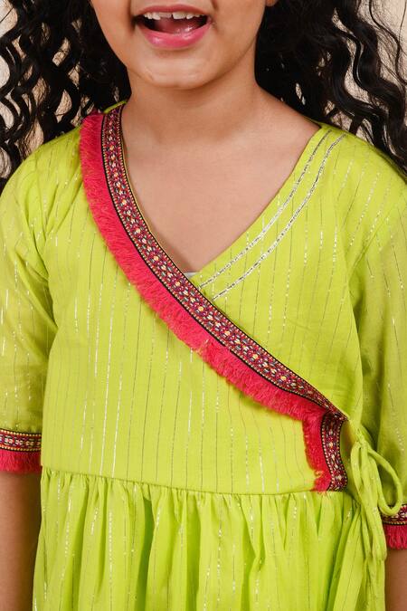 The Cotton Staple_Green , Lurex, Linen, Satin Lace, Gota Rooh Angarkha And Sharara Set _at_Aza_Fashions