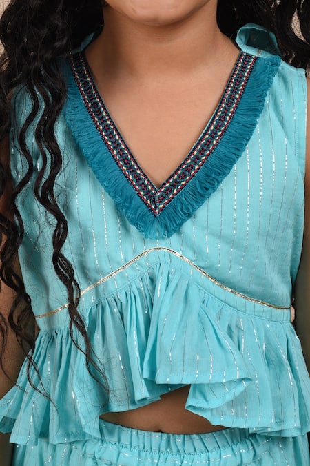 Shop_THE COTTON STAPLE_Blue , Lurex, Satin Gota Patti, Lace Aasma Lehenga And Ruffle Top Set _Online_at_Aza_Fashions