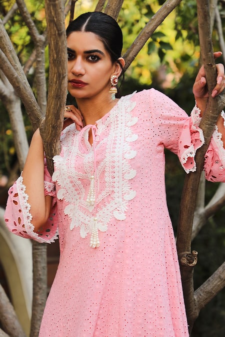Enaarah_Pink Cotton Cutwork, Floral Motifs Notched Candy Kurta_Online_at_Aza_Fashions