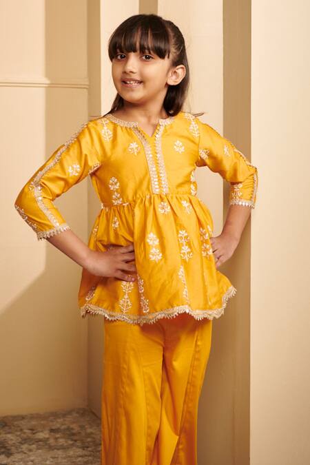 Shop_Mulmul_Yellow 100% Mulmul Pima Satin Jhelum Peplum Kurta And Sharara Set _Online_at_Aza_Fashions