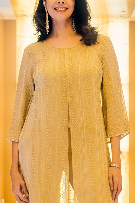 Kavita D_Gold Pure Silk Georgette Round Embroidered Tunic And Pant Set  _Online_at_Aza_Fashions