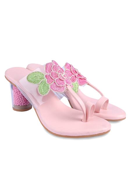 Shop_Kanyaadhan By Dhirajaayushi_Pink Embroidery Floral Toe Ring Heels_Online_at_Aza_Fashions