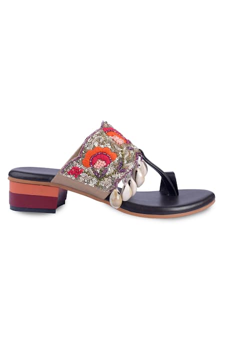 Kanyaadhan By Dhirajaayushi_Brown Embroidery Block Heels_Online_at_Aza_Fashions