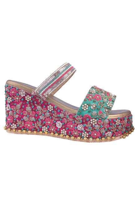 Kanyaadhan By Dhirajaayushi_Green Embroidery Floral Wedges_Online_at_Aza_Fashions