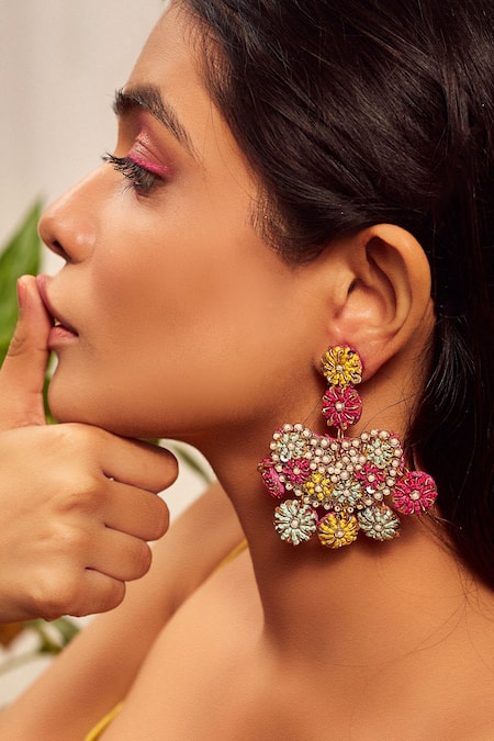 Amyra Golden Pearl Drops Three Layer Jhumka Temple Earrings