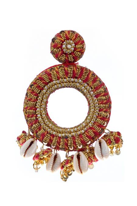 Kanyaadhan By Dhirajaayushi_Red Sequins, Beads, Diamonds Shell Drop Hoops _Online_at_Aza_Fashions