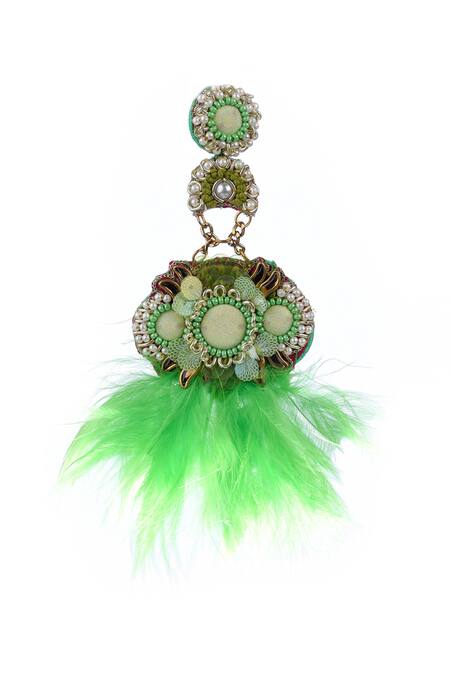 Kanyaadhan By Dhirajaayushi_Green Beads Feather Embroidered Earrings _Online_at_Aza_Fashions