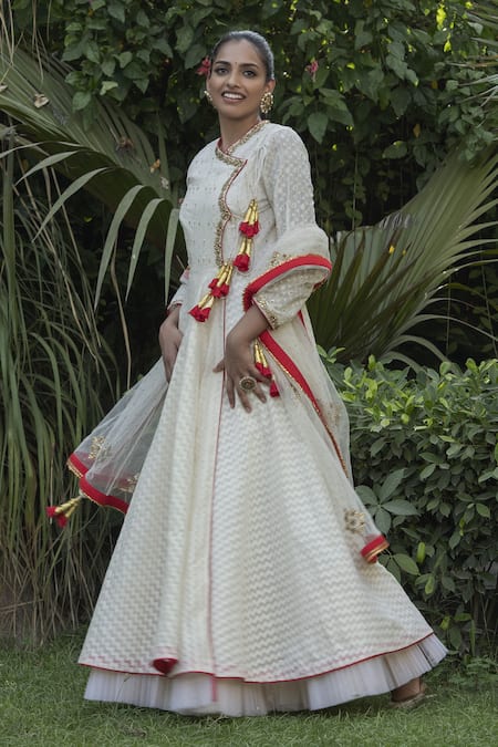Nikasha_White Net, Handwoven Banarasi Cotton V Neck Angrakha Set _Online_at_Aza_Fashions