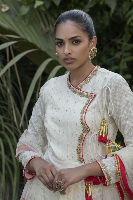 Shop_Nikasha_White Net, Handwoven Banarasi Cotton V Neck Angrakha Set _Online_at_Aza_Fashions