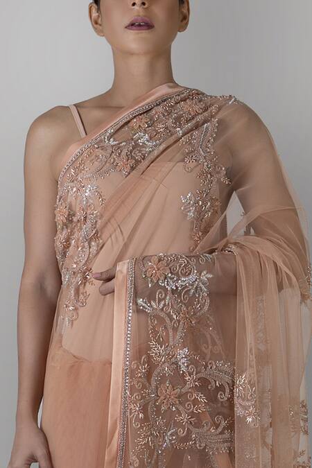 Kavita D Peach Silk Charmeuse Embroidered Saree With Blouse Online at Aza Fashions Kavita D_Peach Silk Charmeuse Embroidered Saree With Blouse _Online_at_Aza_Fashions
