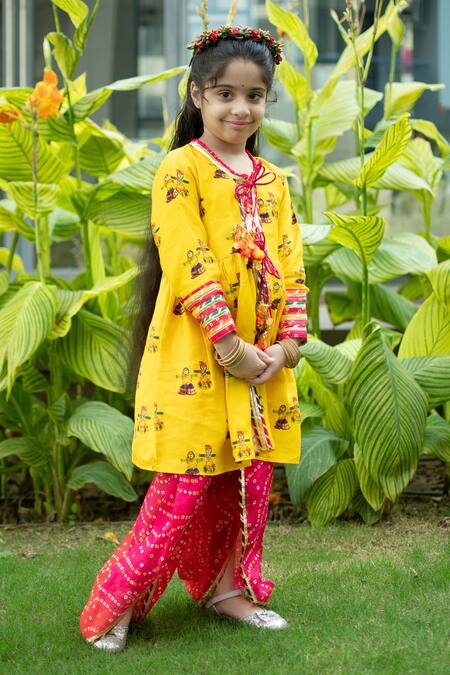 Shop_Native Place India_Yellow Glace Cotton Printed Bandhani Kurta And Dhoti Pant Set _at_Aza_Fashions