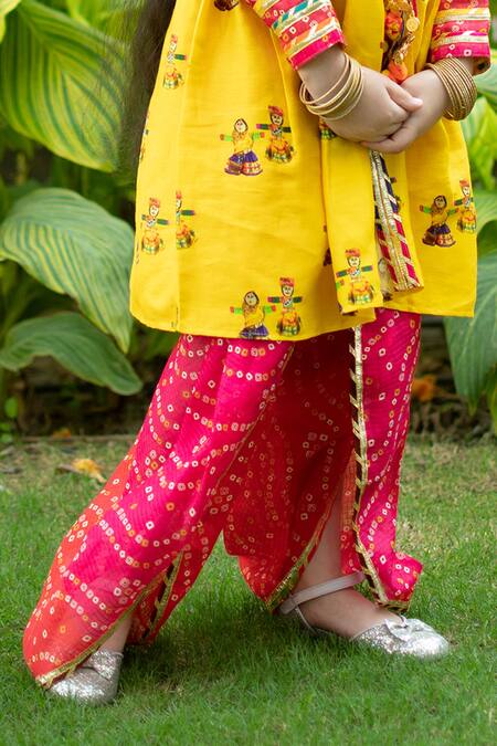 Shop_Native Place India_Yellow Glace Cotton Printed Bandhani Kurta And Dhoti Pant Set _Online_at_Aza_Fashions