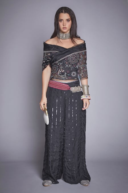 Jade By Monica & Karishma Black Organza Wrap Top And Pant Set  