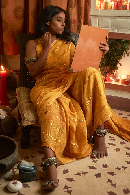 Buy Peeli Dori Yellow Saree Chanderi Blouse Fabric Silk Handloom Organic Dyed Online at Aza Fashions Buy_Peeli Dori_Yellow Saree Chanderi Blouse Fabric Silk Handloom Organic Dyed _Online_at_Aza_Fashions