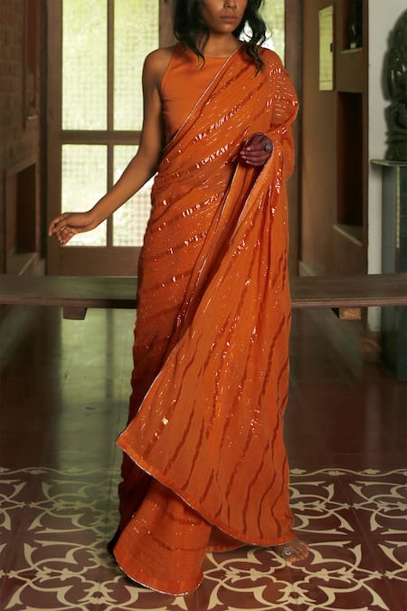Peeli Dori Orange Saree Cotton Chanderi Blouse Fabric Handloom Organic Dyed 