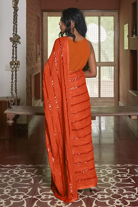 Silk Georgette Orange Wedding Saree With Golden Blouse