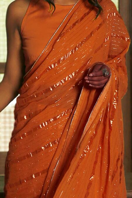 Peeli Dori_Orange Saree Chanderi Blouse Fabric Silk Handloom Organic Dyed _Online_at_Aza_Fashions