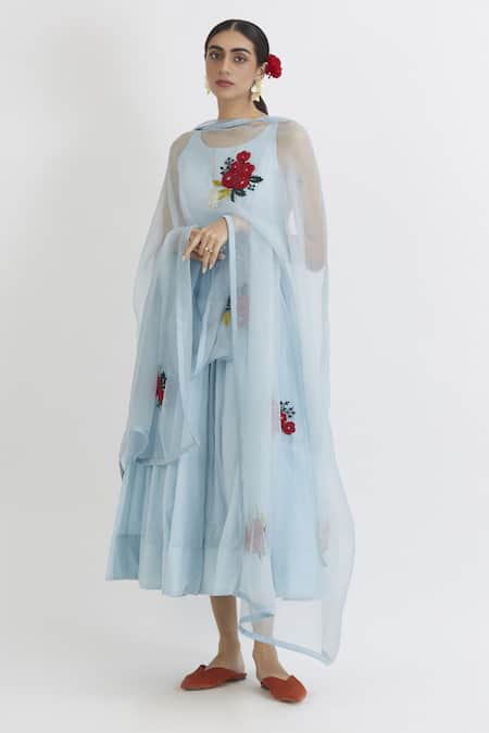 Peeli Dori Anarkali With Organza Floral Embroidered Dupatta 