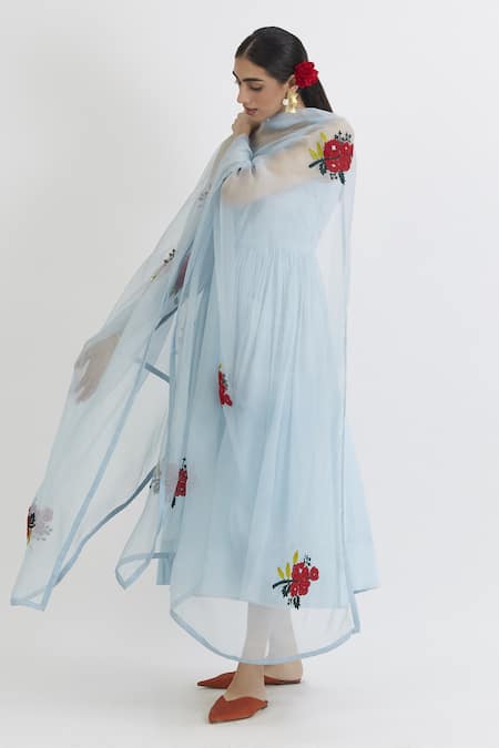Peeli Dori_Blue Rose Cotton Embroidery Round Anarkali With Organza Floral Dupatta _Online_at_Aza_Fashions