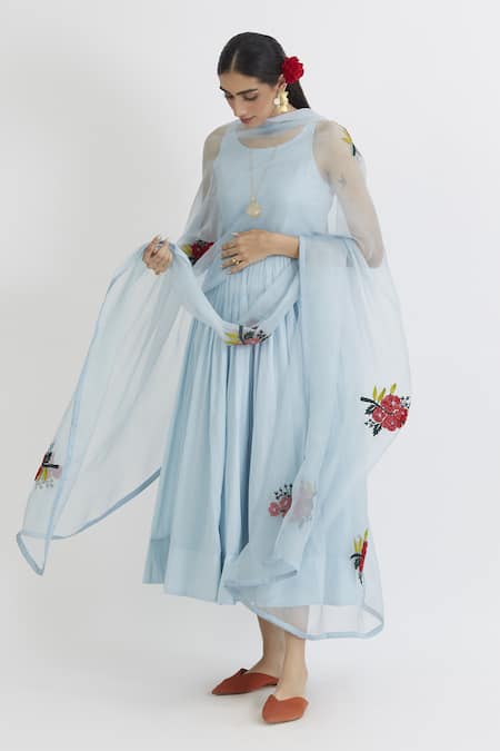 Buy_Peeli Dori_Blue Rose Cotton Embroidery Round Anarkali With Organza Floral Dupatta _Online_at_Aza_Fashions
