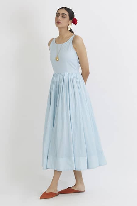 Shop_Peeli Dori_Blue Rose Cotton Embroidery Round Anarkali With Organza Floral Dupatta _Online_at_Aza_Fashions