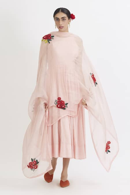 Peeli Dori Pink Rose Cotton Embroidery Round Anarkali With Hand Dupatta