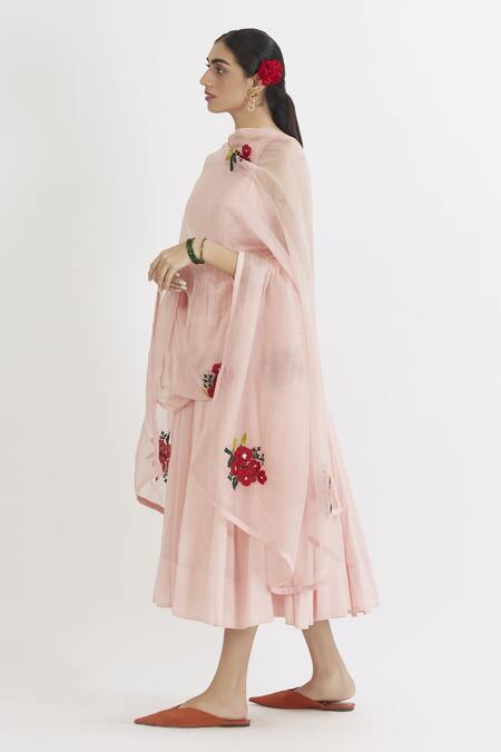 Peeli Dori_Pink Rose Cotton Embroidery Round Anarkali With Hand Dupatta _Online_at_Aza_Fashions