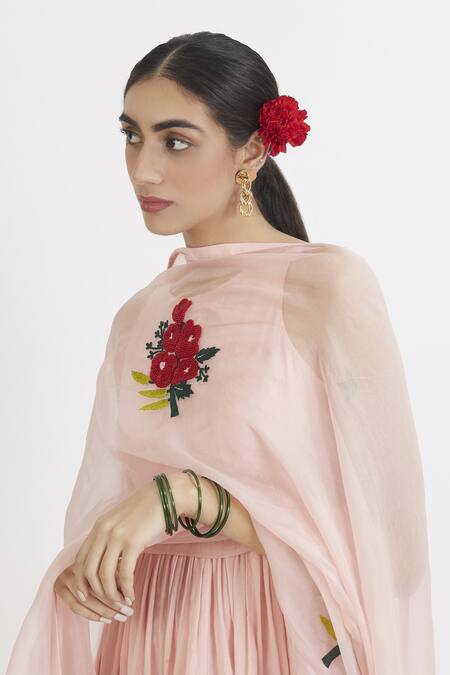 Shop_Peeli Dori_Pink Rose Cotton Embroidery Round Anarkali With Hand Dupatta _Online_at_Aza_Fashions