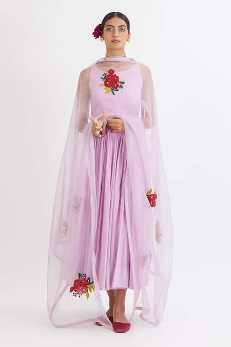 Peeli Dori Purple Rose Cotton Embroidery Round Anarkali With Dupatta