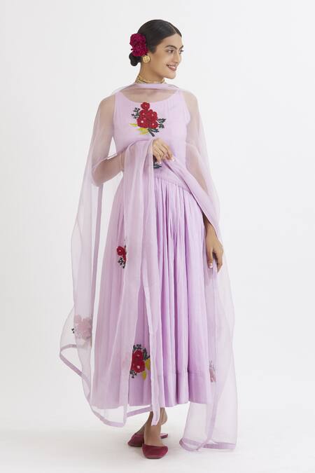 Peeli Dori Purple Rose Cotton Embroidery Round Anarkali With Dupatta Online at Aza Fashions Peeli Dori_Purple Rose Cotton Embroidery Round Anarkali With Dupatta _Online_at_Aza_Fashions