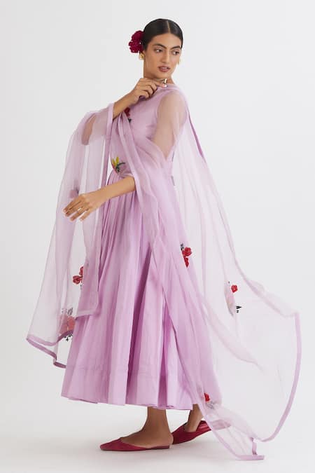 Shop Peeli Dori Purple Rose Cotton Embroidery Round Anarkali With Dupatta Online at Aza Fashions Shop_Peeli Dori_Purple Rose Cotton Embroidery Round Anarkali With Dupatta _Online_at_Aza_Fashions