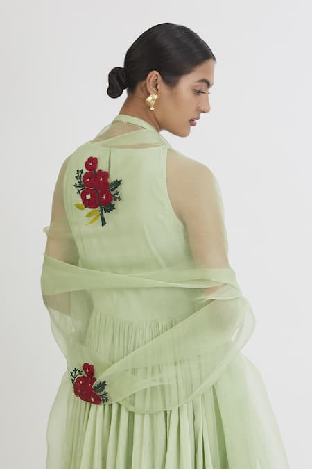 Shop Peeli Dori Green Rose Cotton Embroidery Round Anarkali With Dupatta at Aza Fashions Shop_Peeli Dori_Green Rose Cotton Embroidery Round Anarkali With Dupatta _at_Aza_Fashions
