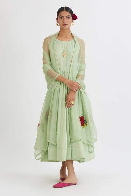 Peeli Dori Green Rose Cotton Embroidery Round Anarkali With Dupatta Online at Aza Fashions Peeli Dori_Green Rose Cotton Embroidery Round Anarkali With Dupatta _Online_at_Aza_Fashions