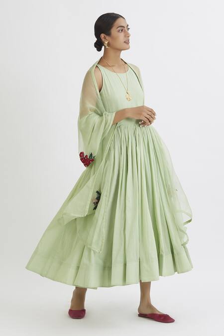 Buy Peeli Dori Green Rose Cotton Embroidery Round Anarkali With Dupatta Online at Aza Fashions Buy_Peeli Dori_Green Rose Cotton Embroidery Round Anarkali With Dupatta _Online_at_Aza_Fashions
