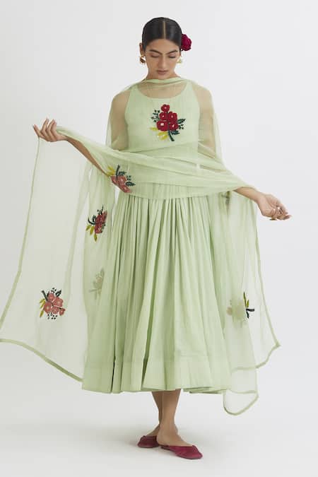 Shop Peeli Dori Green Rose Cotton Embroidery Round Anarkali With Dupatta Online at Aza Fashions Shop_Peeli Dori_Green Rose Cotton Embroidery Round Anarkali With Dupatta _Online_at_Aza_Fashions