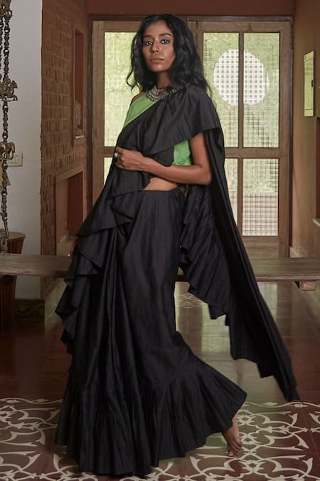 Glamorous Black Color Georgette With Sequence Embellished Ruffle Saree