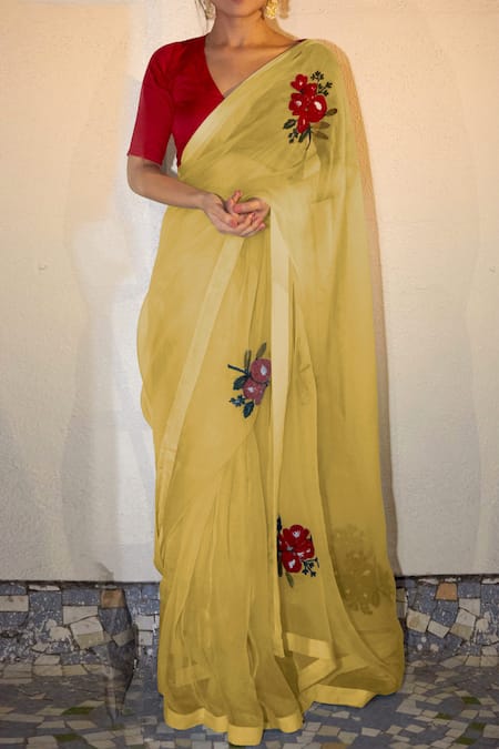 Shop Peeli Dori Yellow Saree Pure Silk And Organza Blouse Fabric Cotton Handloom Organic Dyed at Aza Fashions Shop_Peeli Dori_Yellow Saree Pure Silk And Organza Blouse Fabric Cotton Handloom Organic Dyed _at_Aza_Fashions