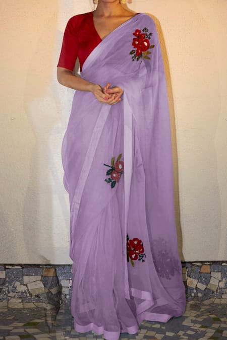 Shop Peeli Dori Purple Saree Pure Silk And Organza Blouse Fabric Cotton Handloom Organic Dyed at Aza Fashions Shop_Peeli Dori_Purple Saree Pure Silk And Organza Blouse Fabric Cotton Handloom Organic Dyed _at_Aza_Fashions