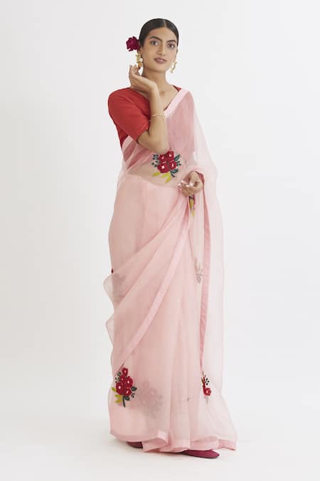 Peeli Dori Pink Silk Organza Embroidery V Neck Saree With Blouse