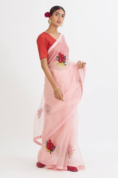 Peeli Dori_Pink Silk Organza V Neck Embroidered Saree With Blouse_Online_at_Aza_Fashions