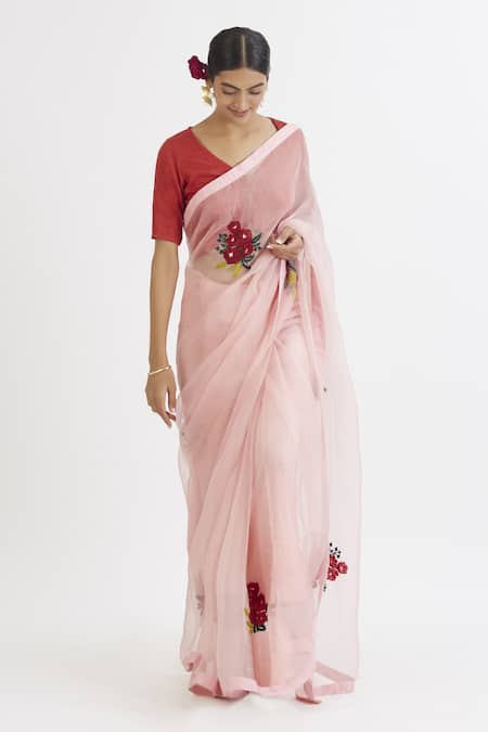 Buy_Peeli Dori_Pink Silk Organza V Neck Embroidered Saree With Blouse_Online_at_Aza_Fashions