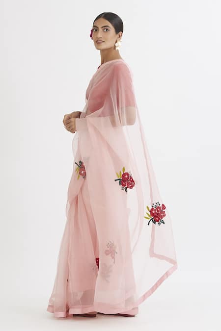 Shop_Peeli Dori_Pink Silk Organza V Neck Embroidered Saree With Blouse_Online_at_Aza_Fashions